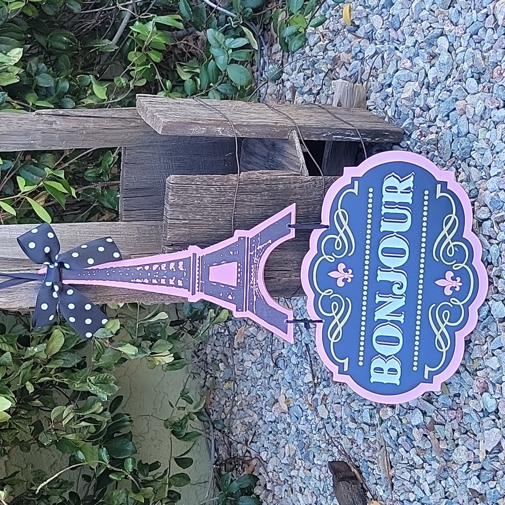 Bonjour Sign Wood French Style Sign Pink and Black  Coordinating Black Ribbon